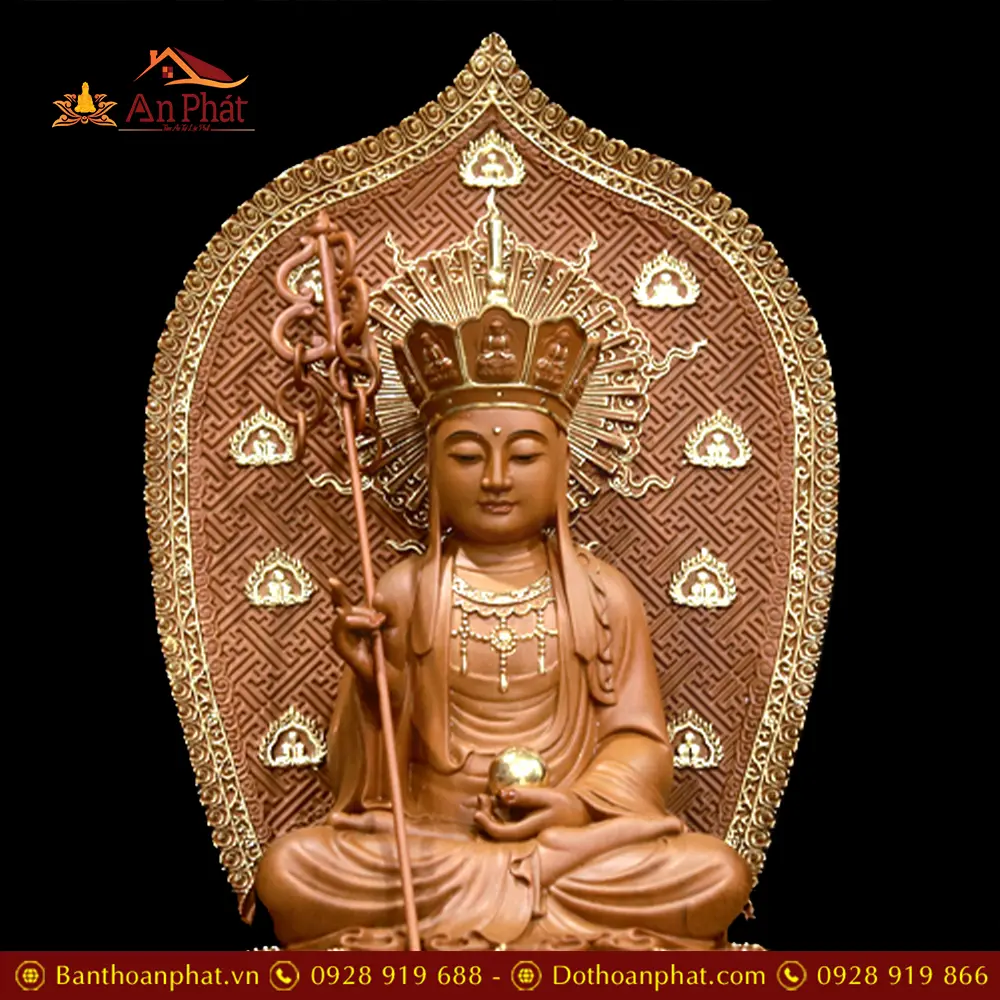 Tượng Địa Tạng Vương Bồ Tát Gỗ Long Não Nhập Khẩu Ngồi Đài Sen Có Lá Đề Viền Vàng T2665 16 tuong dia tang vuong bo tat go long nao nhap khau ngoi dai sen co la de vien vang t266500003