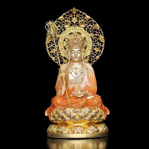 Tượng Địa Tạng Vương Bồ Tát Ngồi Đài Sen Có Lá Đề Bằng Đồng Sơn Men Độ Cao Cấp T2638