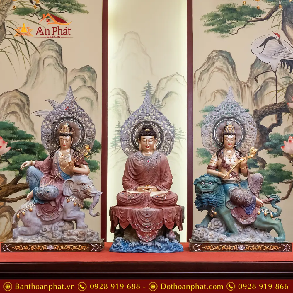 Tượng Hoa Nghiêm Tam Thánh Đồng Cao Cấp Y Áo Vẽ Gấm Nhập Khẩu T2714