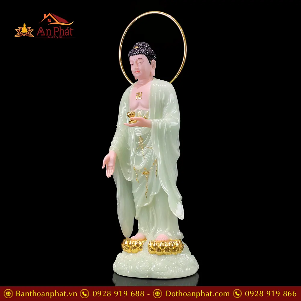 Tượng Phật A Di Đà Bằng Bột Đá Thạch Ngọc Viền Vàng Đứng Mây Song Liên Cao Cấp T2497 16 Tượng Phật A Di Đà Bằng Bột Đá Thạch Ngọc Viền Vàng Đứng Mây Song Liên Cao Cấp T2497