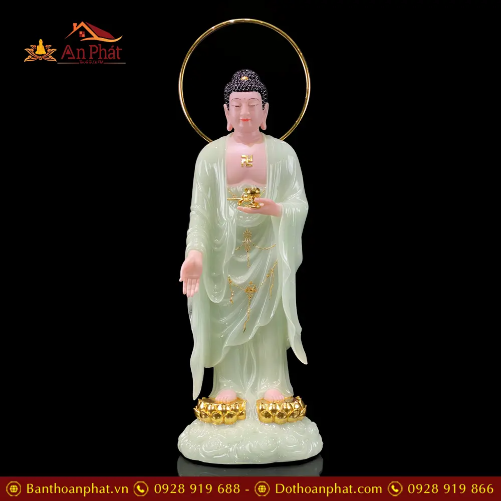 Tượng Phật A Di Đà Bằng Bột Đá Thạch Ngọc Viền Vàng Đứng Mây Song Liên Cao Cấp T2497 15 Tượng Phật A Di Đà Bằng Bột Đá Thạch Ngọc Viền Vàng Đứng Mây Song Liên Cao Cấp T2497