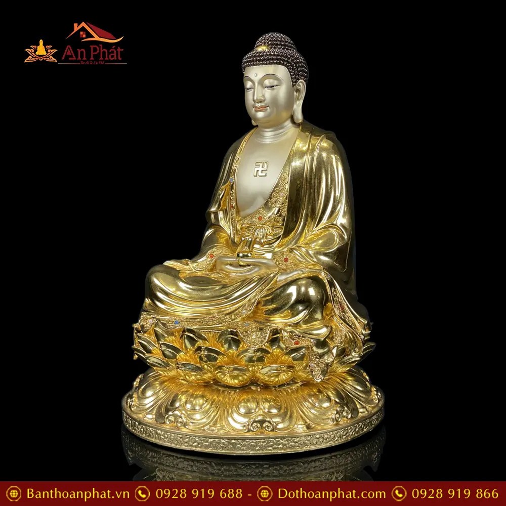 Tượng Phật A Di Đà Bằng Đồng Dát Vàng Ấn Bảo Ngồi Đế Sen Cao Cấp T2541 16 Tượng Phật A Di Đà Bằng Đồng Dát Vàng Ấn Bảo Ngồi Đế Sen Cao Cấp T2541