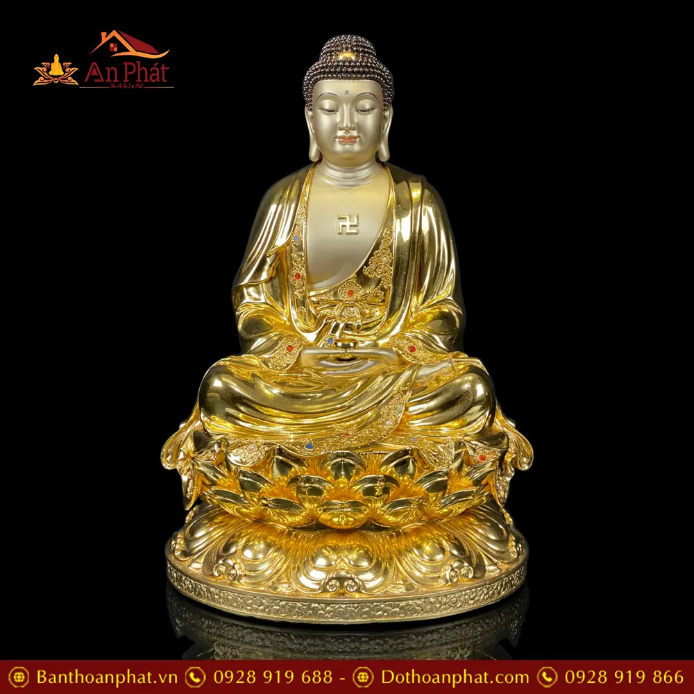 Tượng Phật A Di Đà Bằng Đồng Dát Vàng Ấn Bảo Ngồi Đế Sen Cao Cấp T2541 15 Tượng Phật A Di Đà Bằng Đồng Dát Vàng Ấn Bảo Ngồi Đế Sen Cao Cấp T2541