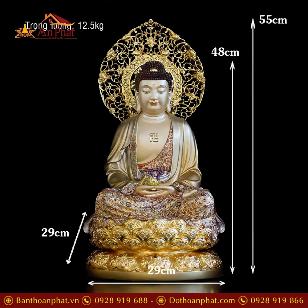 Tượng Phật A Di Đà Bằng Đồng Viền Vàng Mẫn Bảo Dáng Ngồi Lá Đề T2491 12 Tượng Phật A Di Đà Bằng Đồng Viền Vàng Mẫn Bảo Dáng Ngồi Lá Đề T2491