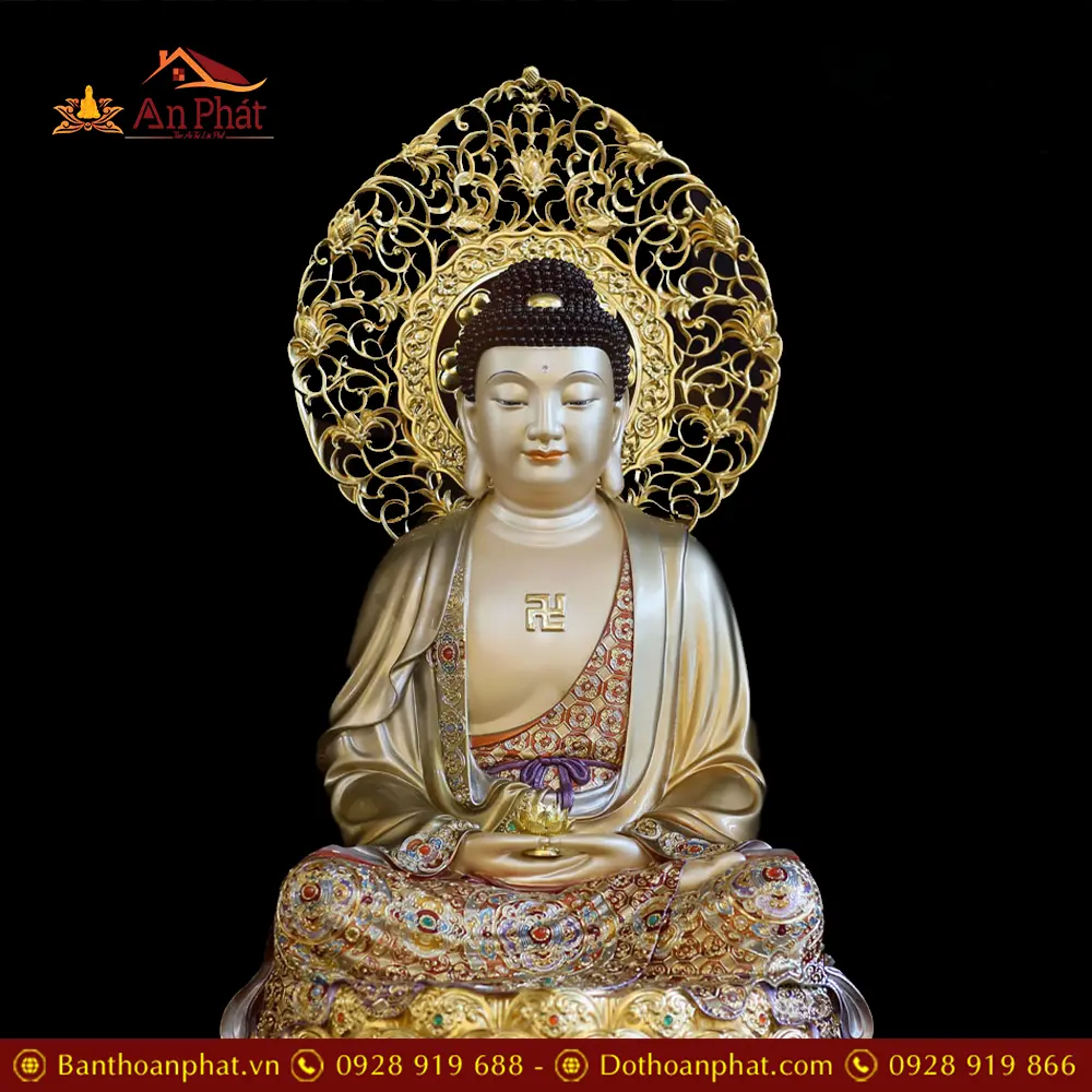 Tượng Phật A Di Đà Bằng Đồng Viền Vàng Mẫn Bảo Dáng Ngồi Lá Đề T2491 14 tuong phat a di da bang dong vien vang man bao dang ngoi la de t249100003