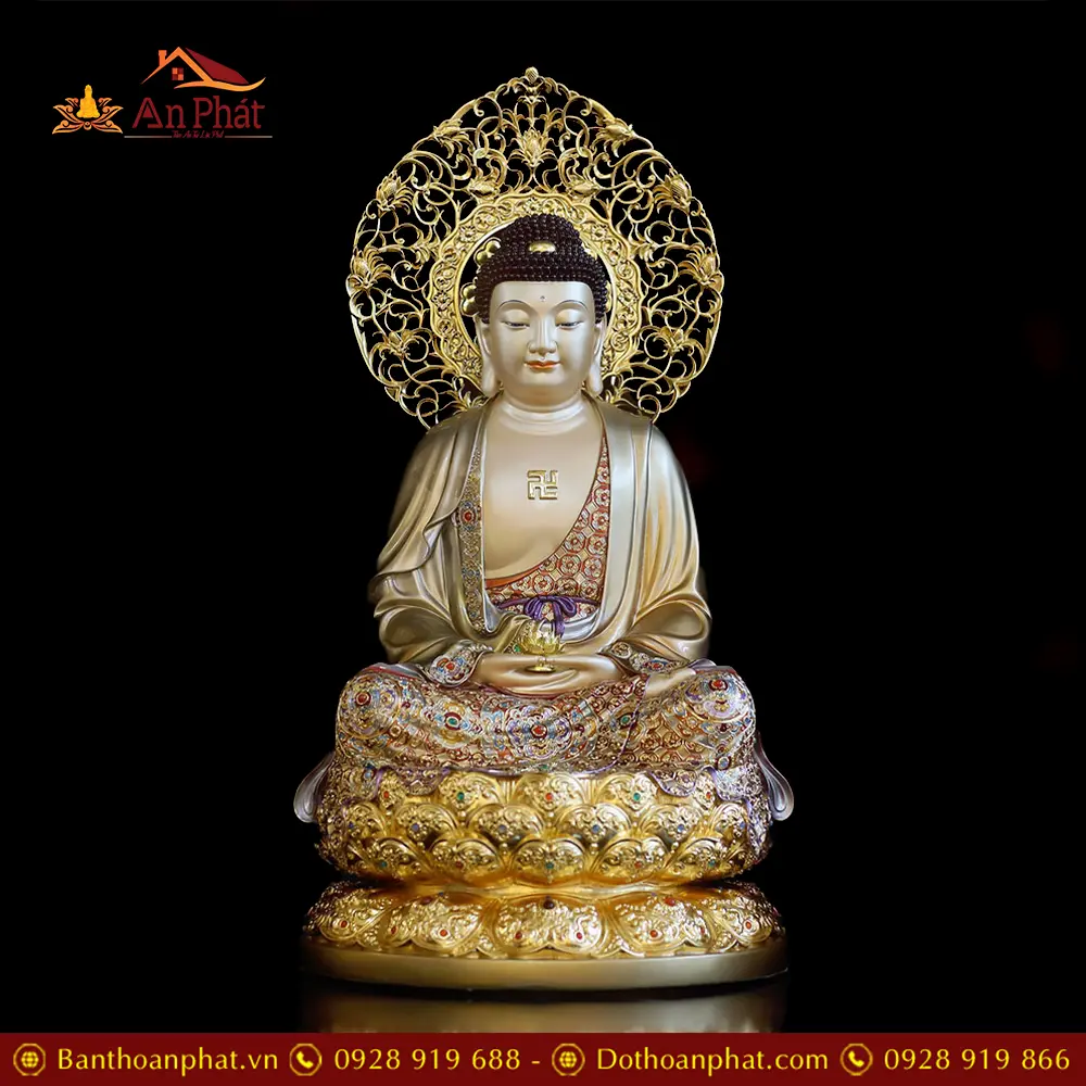 Tượng Phật A Di Đà Bằng Đồng Viền Vàng Mẫn Bảo Dáng Ngồi Lá Đề T2491 11 Tượng Phật A Di Đà Bằng Đồng Viền Vàng Mẫn Bảo Dáng Ngồi Lá Đề T2491