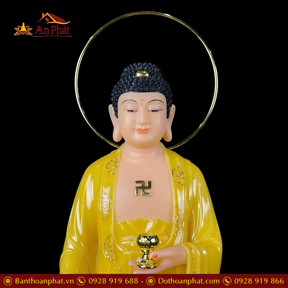 Tượng Phật A Di Đà Bột Đá Thạch Anh Viền Vàng Đứng Có Hào Quang T2516 13 tuong phat a di da bot da thach anh vien vang dung co hao quang t251600001