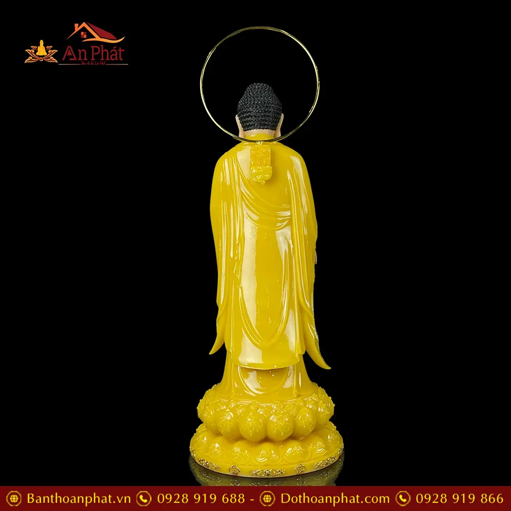 Tượng Phật A Di Đà Bột Đá Thạch Anh Viền Vàng Đứng Có Hào Quang T2516 12 Tượng Phật A Di Đà Bột Đá Thạch Anh Viền Vàng Đứng Có Hào Quang T2516