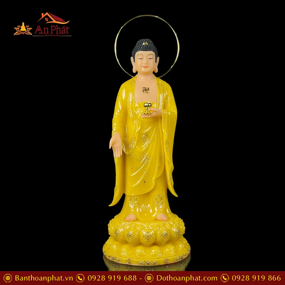 Tượng Phật A Di Đà Bột Đá Thạch Anh Viền Vàng Đứng Có Hào Quang T2516 11 Tượng Phật A Di Đà Bột Đá Thạch Anh Viền Vàng Đứng Có Hào Quang T2516