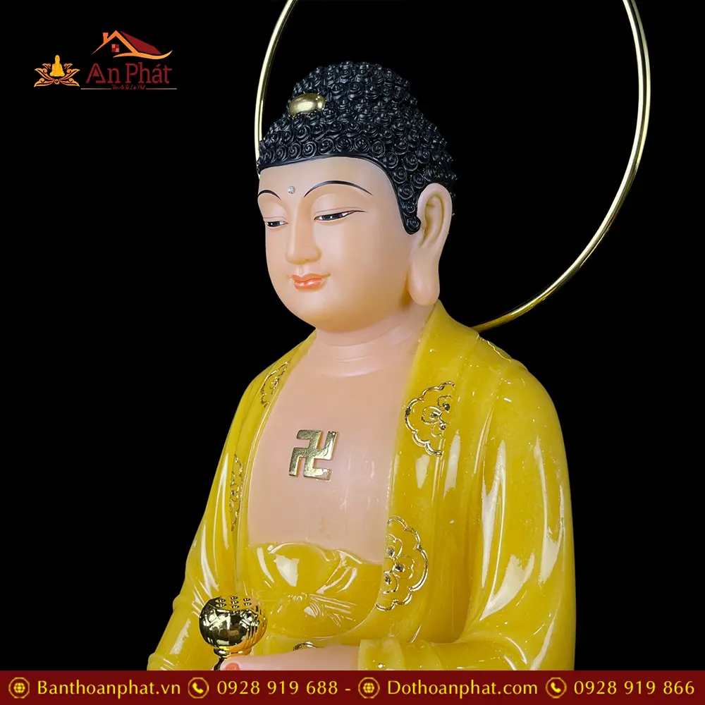 Tượng Phật A Di Đà Bột Đá Thạch Anh Viền Vàng Đứng Có Hào Quang T2516 14 tuong phat a di da bot da thach anh vien vang dung co hao quang t251600005
