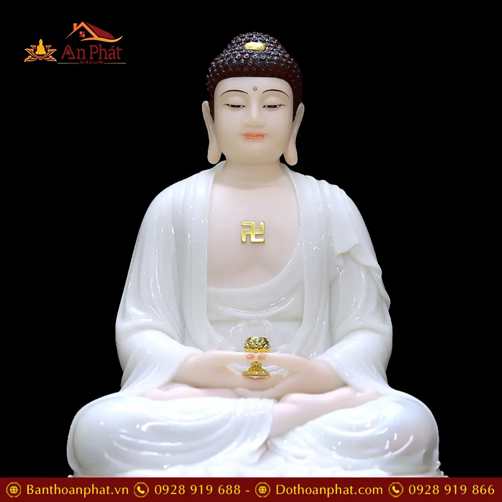 Tượng Phật A Di Đà Bột Đá Trắng Ngồi Đài Sen Cao Cấp T2493 14 tuong phat a di da bot da trang ngoi dai sen cao cap t249300003