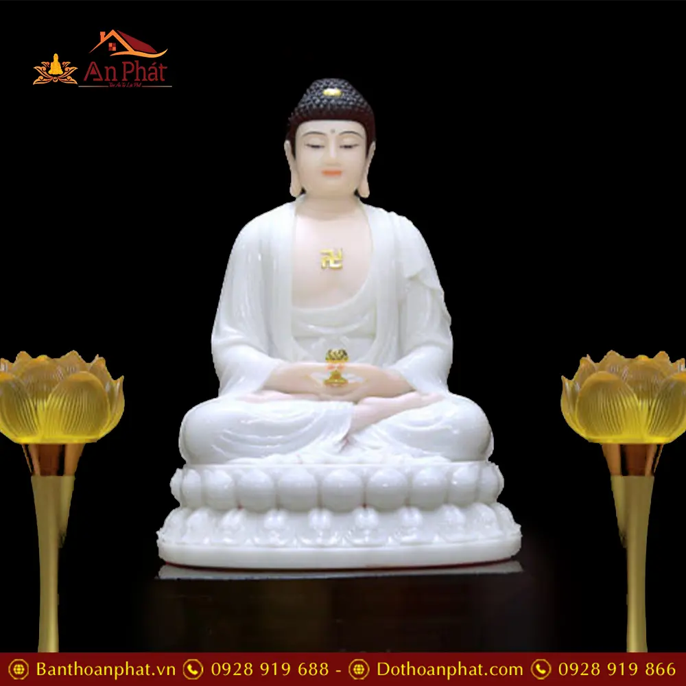 Tượng Phật A Di Đà Bột Đá Trắng Ngồi Đài Sen Cao Cấp T2493 11 Tượng Phật A Di Đà Bột Đá Trắng Ngồi Đài Sen Cao Cấp T2493