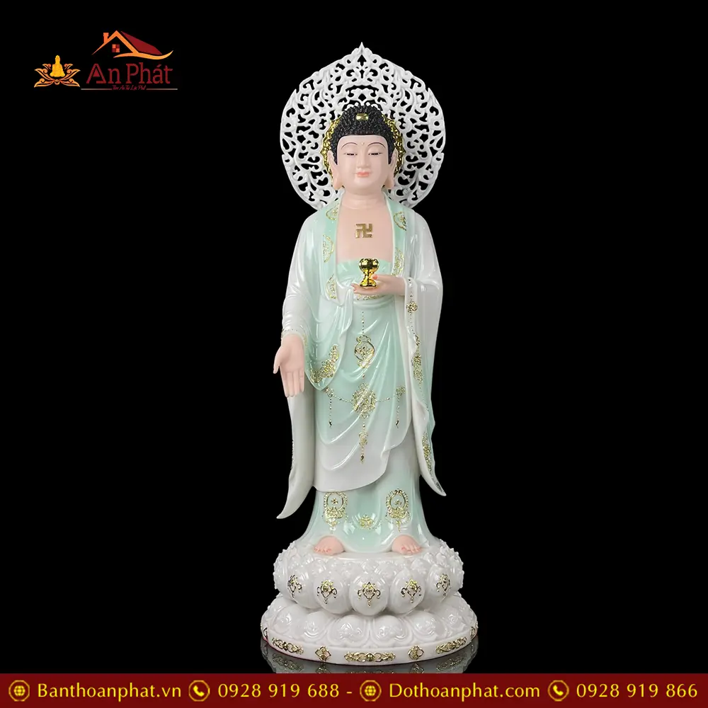 Tượng Phật A Di Đà Bột Đá Xanh Thiên Thanh Đứng Có Lá Đề T2517 11 Tượng Phật A Di Đà Bột Đá Xanh Thiên Thanh Đứng Có Lá Đề T2517