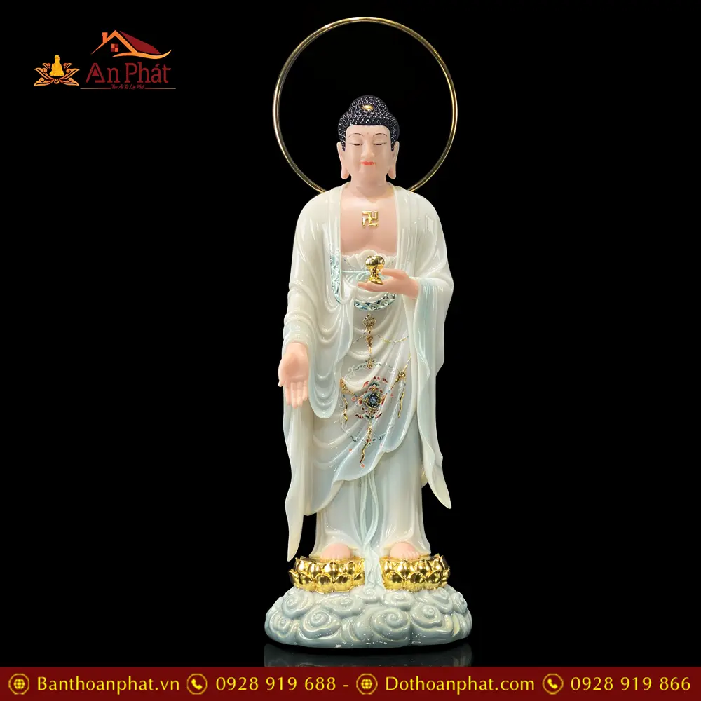 Tượng Phật A Di Đà Đế Mây Viền Hoa Dáng Đứng Bột Đá Trắng Cao Cấp T2496 15 Tượng Phật A Di Đà Đế Mây Viền Hoa Dáng Đứng Bột Đá Trắng Cao Cấp T2496
