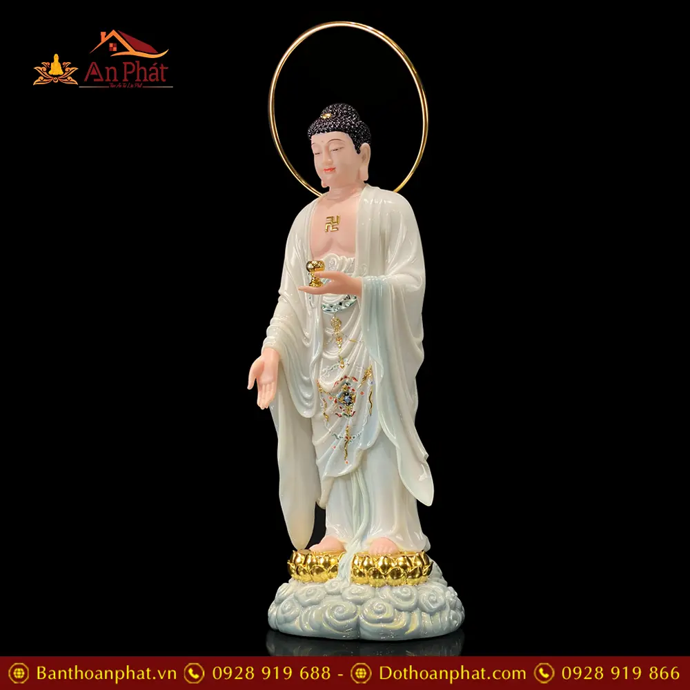 Tượng Phật A Di Đà Đế Mây Viền Hoa Dáng Đứng Bột Đá Trắng Cao Cấp T2496 16 Tượng Phật A Di Đà Đế Mây Viền Hoa Dáng Đứng Bột Đá Trắng Cao Cấp T2496