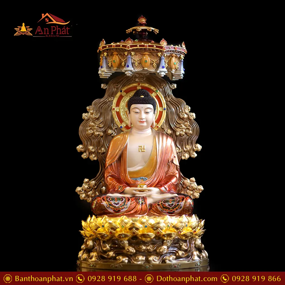 Tượng Phật A Di Đà Đồng Cao Cấp Ngồi Non Nước Có Lọng Che T2535 13 Tượng Phật A Di Đà Đồng Cao Cấp Ngồi Non Nước Có Lọng Che T2535
