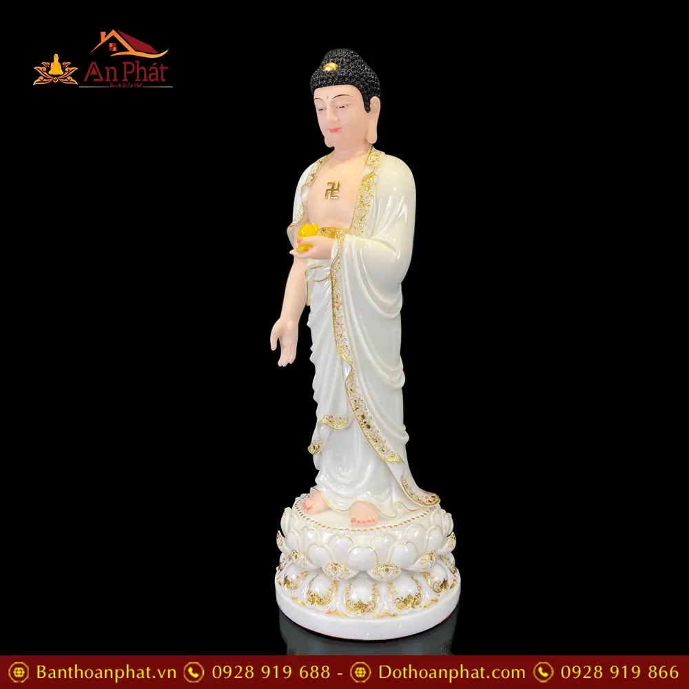 Tượng Phật A Di Đà Đứng Đài Sen Bột Đá Trắng Viền Vàng Cao Cấp T2513 14 Tượng Phật A Di Đà Đứng Đài Sen Bột Đá Trắng Viền Vàng Cao Cấp T2513