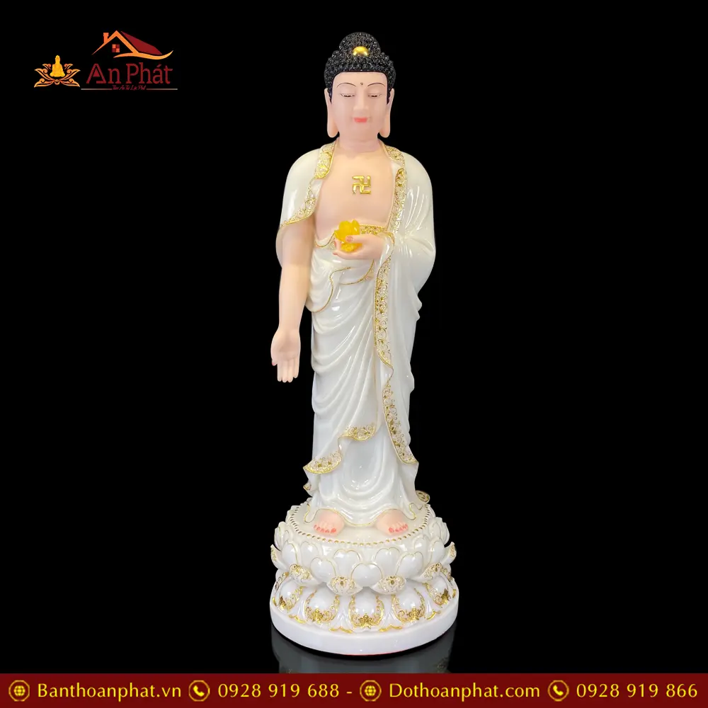 Tượng Phật A Di Đà Đứng Đài Sen Bột Đá Trắng Viền Vàng Cao Cấp T2513 13 Tượng Phật A Di Đà Đứng Đài Sen Bột Đá Trắng Viền Vàng Cao Cấp T2513