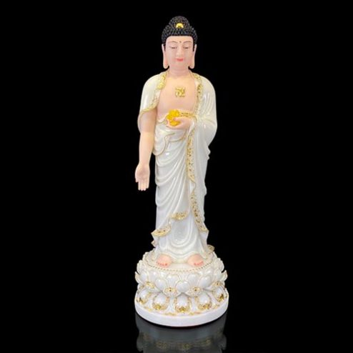 Tượng Phật A Di Đà Đứng Đài Sen Bột Đá Trắng Viền Vàng Cao Cấp T2513
