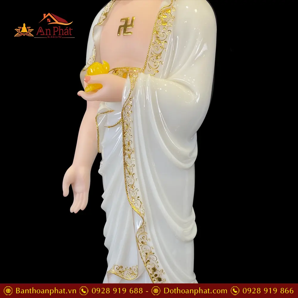 Tượng Phật A Di Đà Đứng Đài Sen Bột Đá Trắng Viền Vàng Cao Cấp T2513 17 tuong phat a di da dung dai sen bot da trang vien vang cao cap t251300005