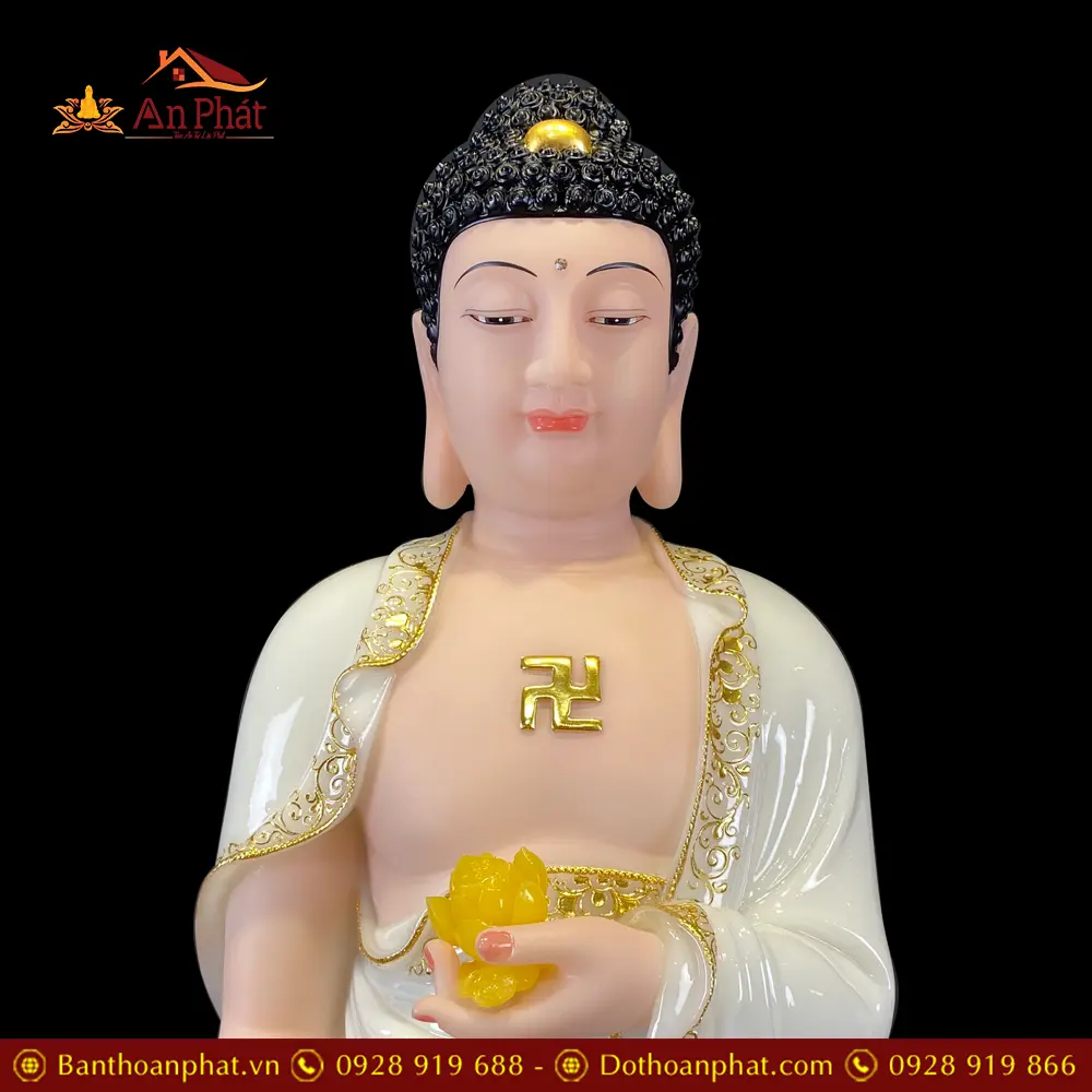 Tượng Phật A Di Đà Đứng Đài Sen Bột Đá Trắng Viền Vàng Cao Cấp T2513 16 tuong phat a di da dung dai sen bot da trang vien vang cao cap t251300006