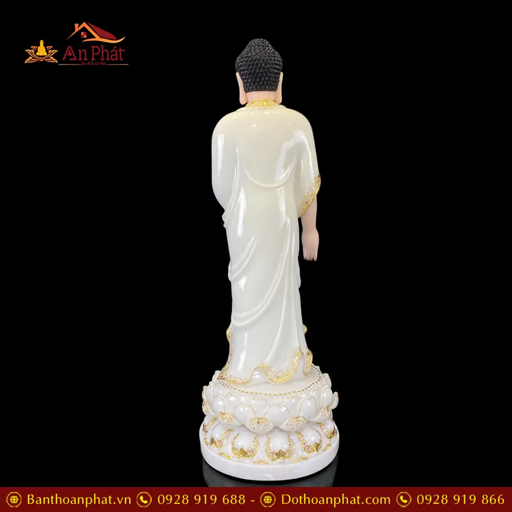 Tượng Phật A Di Đà Đứng Đài Sen Bột Đá Trắng Viền Vàng Cao Cấp T2513 15 Tượng Phật A Di Đà Đứng Đài Sen Bột Đá Trắng Viền Vàng Cao Cấp T2513