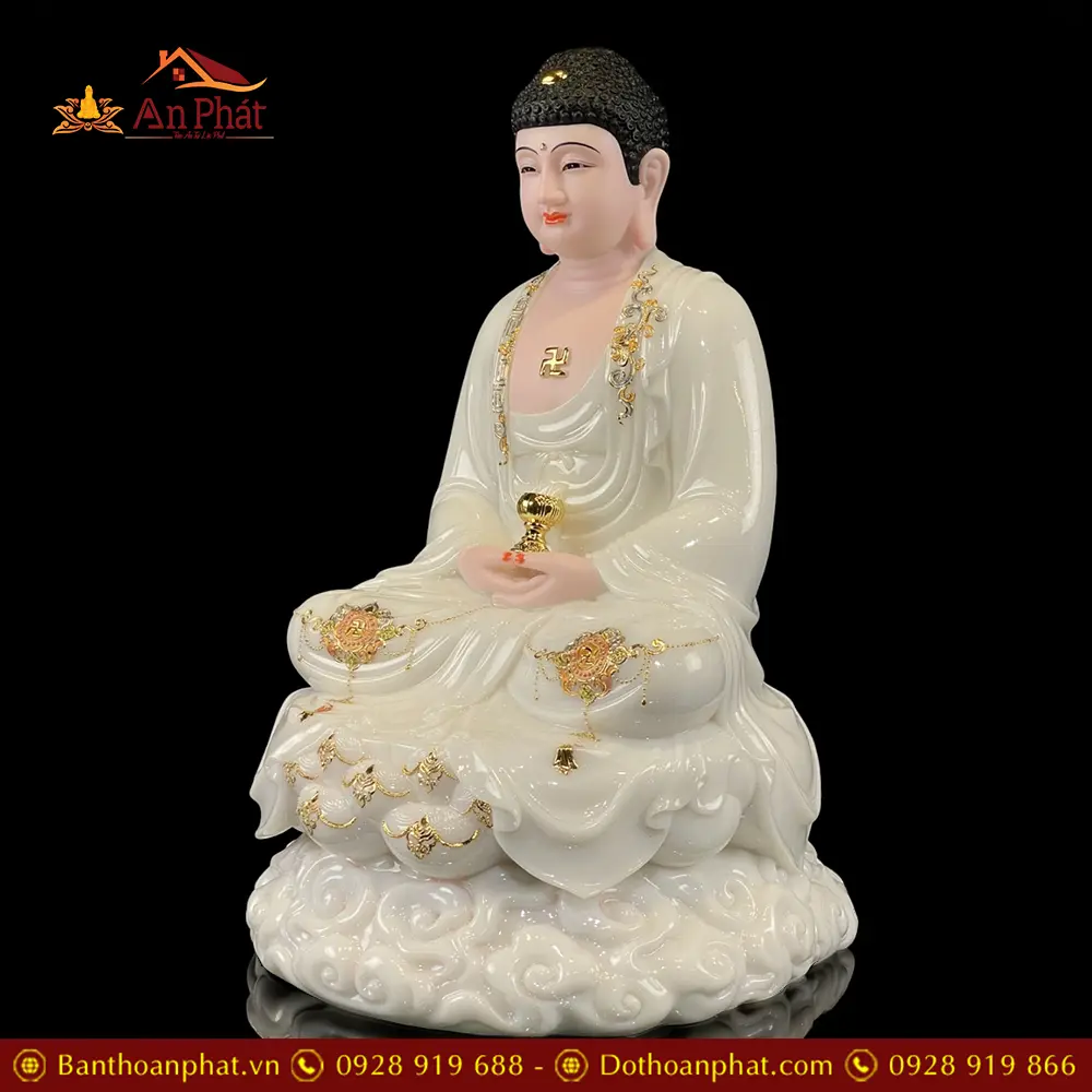 Tượng Phật A Di Đà Ngồi Đế Mây Bột Đá Trắng Viền Vàng T2511 12 Tượng Phật A Di Đà Ngồi Đế Mây Bột Đá Trắng Viền Vàng T2511