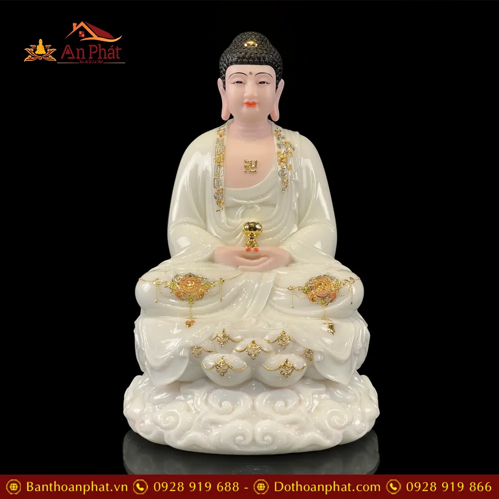 Tượng Phật A Di Đà Ngồi Đế Mây Bột Đá Trắng Viền Vàng T2511 11 Tượng Phật A Di Đà Ngồi Đế Mây Bột Đá Trắng Viền Vàng T2511