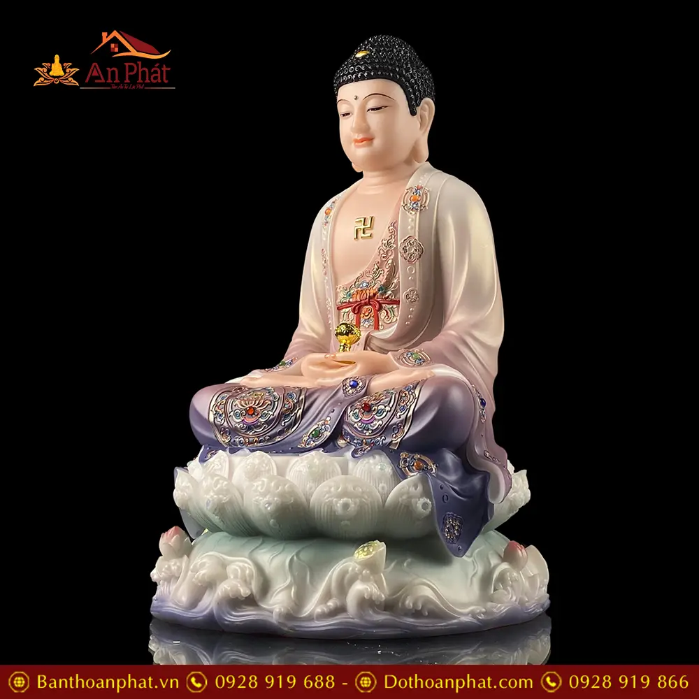 Tượng Phật A Di Đà Ngồi Đế Non Nước Bột Đá Sơn Màu Cao Cấp T2539 14 Tượng Phật A Di Đà Ngồi Đế Non Nước Bột Đá Sơn Màu Cao Cấp T2539