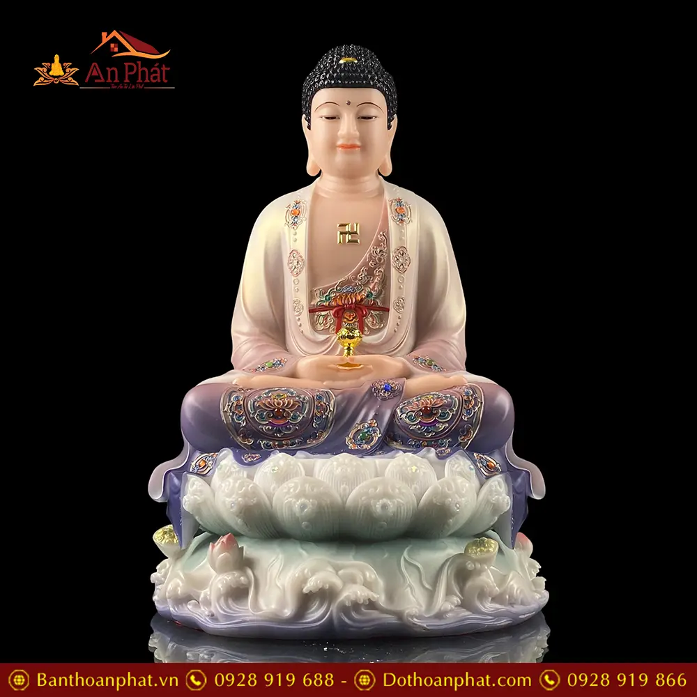 Tượng Phật A Di Đà Ngồi Đế Non Nước Bột Đá Sơn Màu Cao Cấp T2539 13 Tượng Phật A Di Đà Ngồi Đế Non Nước Bột Đá Sơn Màu Cao Cấp T2539