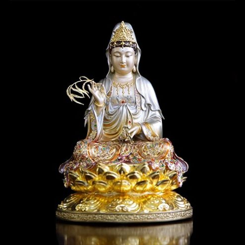 Tượng Phật Bà Quan Âm Bằng Đồng Cao Cấp Sơn Men Cổ Viền Vàng Mẫn Bảo T2563