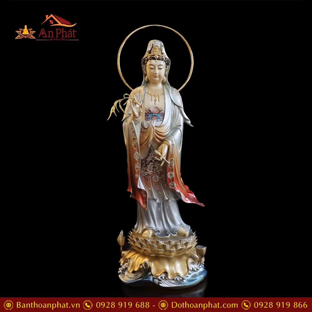 Tượng Phật Bà Quan Âm Bồ Tát Đứng Đồng Cao Cấp Sơn Màu Men Cổ T2561 19 Tượng Phật Bà Quan Âm Bồ Tát Đứng Đồng Cao Cấp Sơn Màu Men Cổ T2561