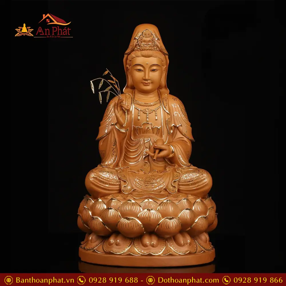 Tượng Phật Bà Quan Âm Bồ Tát Gỗ Cao Cấp Viền Vàng Mẫu Ngồi Đài Sen T2598 9 Tượng Phật Bà Quan Âm Bồ Tát Gỗ Cao Cấp Viền Vàng Mẫu Ngồi Đài Sen T2598