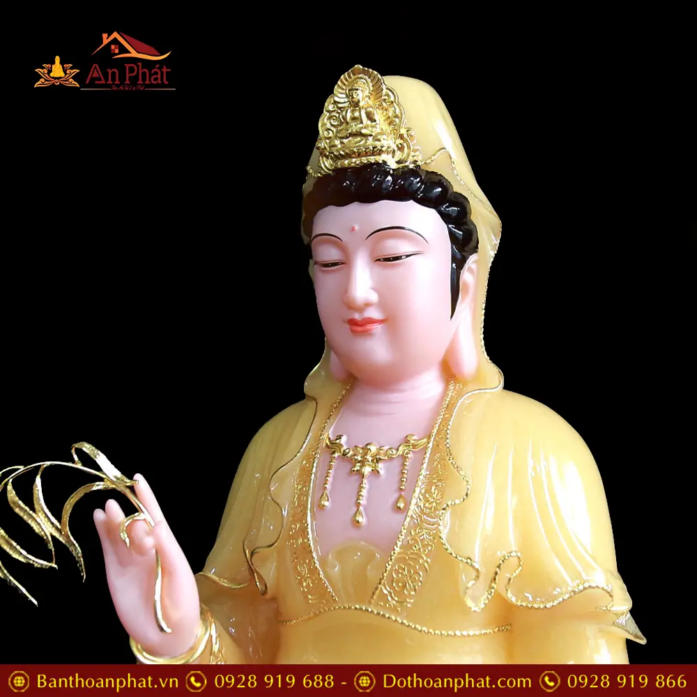 Tượng Phật Bà Quan Âm Bột Đá Thạch Anh Viền Vàng Ngồi Đài Sen T2565 15 tuong phat ba quan am bot da thach anh vien vang ngoi dai sen t256500003