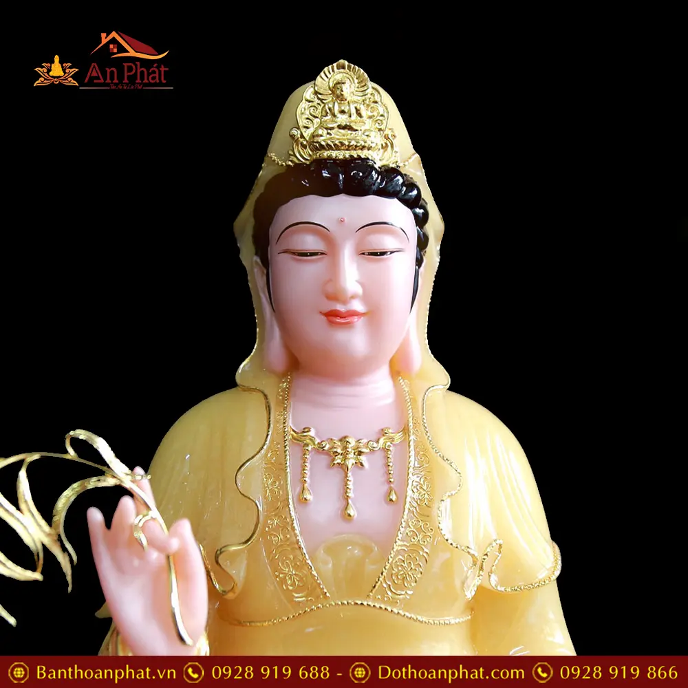 Tượng Phật Bà Quan Âm Bột Đá Thạch Anh Viền Vàng Ngồi Đài Sen T2565 14 Tượng Phật Bà Quan Âm Bột Đá Thạch Anh Viền Vàng Ngồi Đài Sen T2565