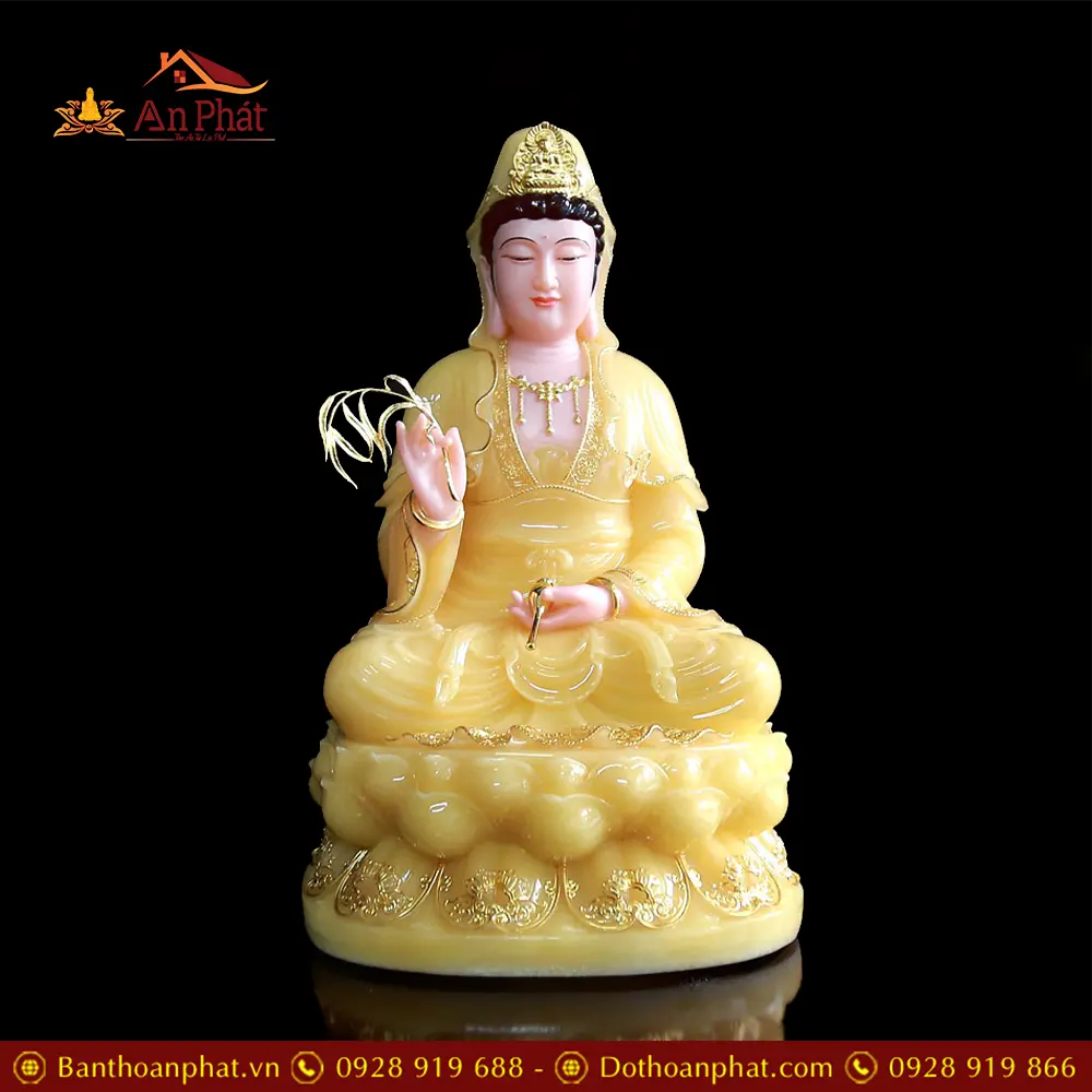 Tượng Phật Bà Quan Âm Bột Đá Thạch Anh Viền Vàng Ngồi Đài Sen T2565 13 Tượng Phật Bà Quan Âm Bột Đá Thạch Anh Viền Vàng Ngồi Đài Sen T2565