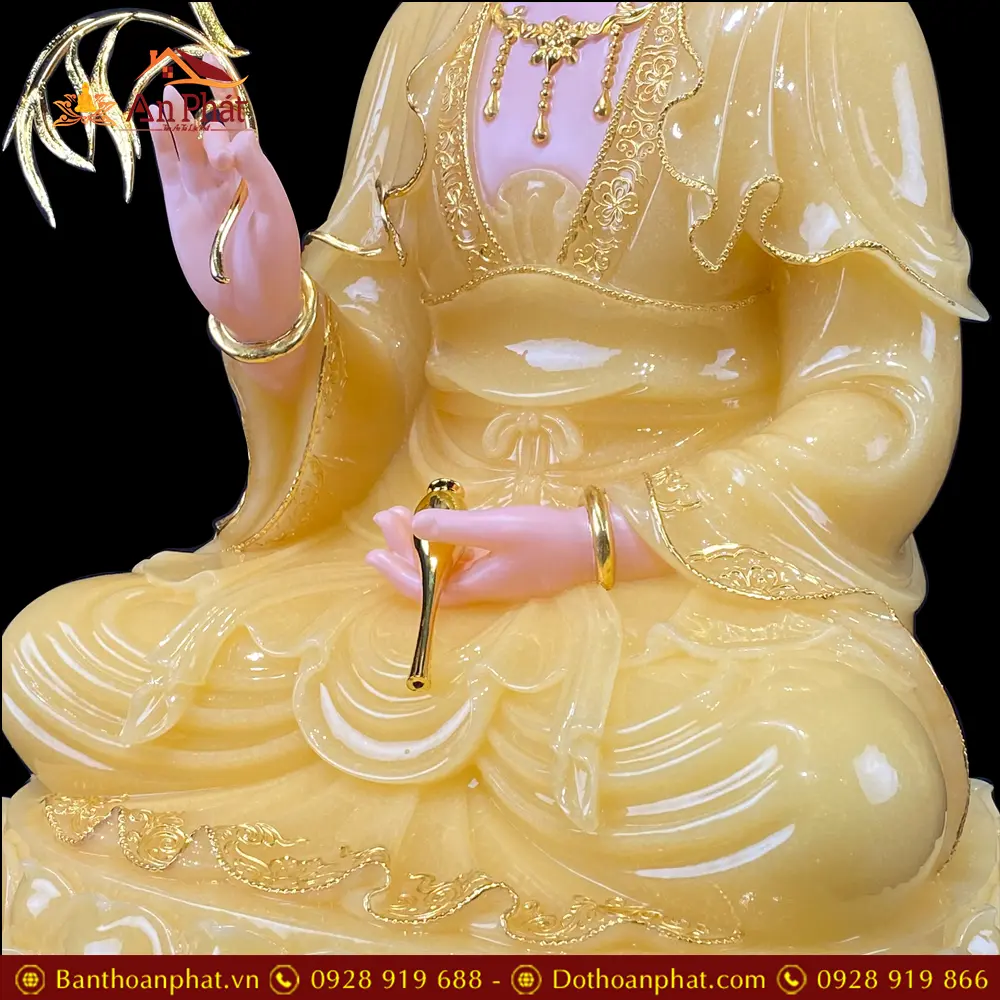 Tượng Phật Bà Quan Âm Bột Đá Thạch Anh Viền Vàng Ngồi Đài Sen T2588 17 tuong phat ba quan am bot da thach anh vien vang ngoi dai sen t258800001