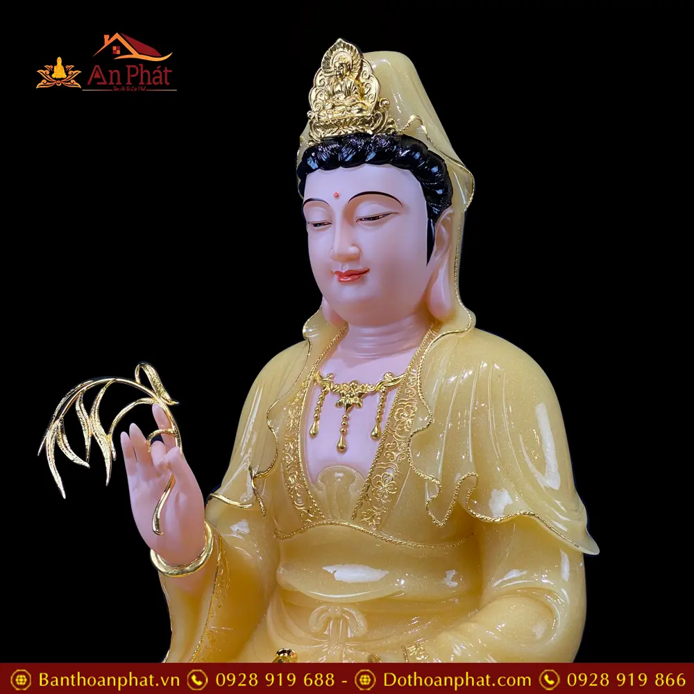Tượng Phật Bà Quan Âm Bột Đá Thạch Anh Viền Vàng Ngồi Đài Sen T2588 16 tuong phat ba quan am bot da thach anh vien vang ngoi dai sen t258800002