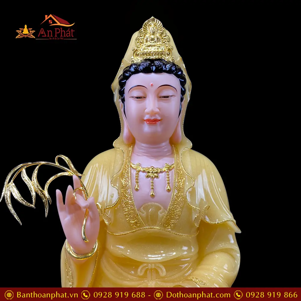 Tượng Phật Bà Quan Âm Bột Đá Thạch Anh Viền Vàng Ngồi Đài Sen T2588 15 tuong phat ba quan am bot da thach anh vien vang ngoi dai sen t258800003