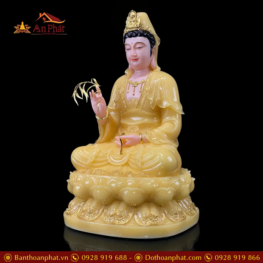 Tượng Phật Bà Quan Âm Bột Đá Thạch Anh Viền Vàng Ngồi Đài Sen T2588 13 Tượng Phật Bà Quan Âm Bột Đá Thạch Anh Viền Vàng Ngồi Đài Sen T2588