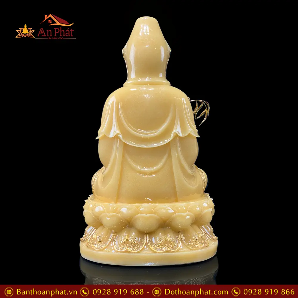 Tượng Phật Bà Quan Âm Bột Đá Thạch Anh Viền Vàng Ngồi Đài Sen T2588 14 Tượng Phật Bà Quan Âm Bột Đá Thạch Anh Viền Vàng Ngồi Đài Sen T2588