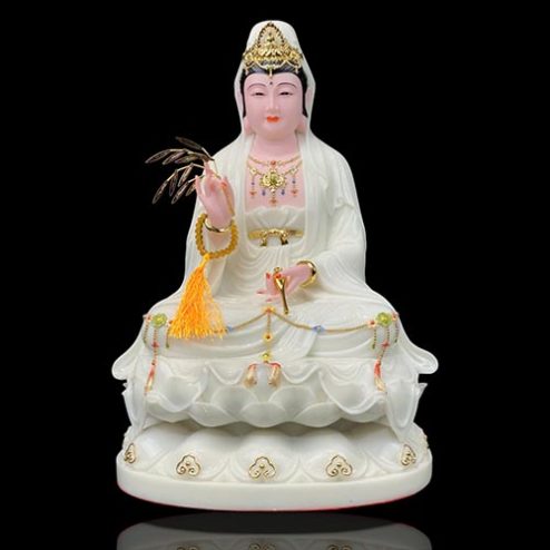 Tượng Phật Bà Quan Âm Đá Trắng Viền Tua Ngồi Đế Sen To T2592