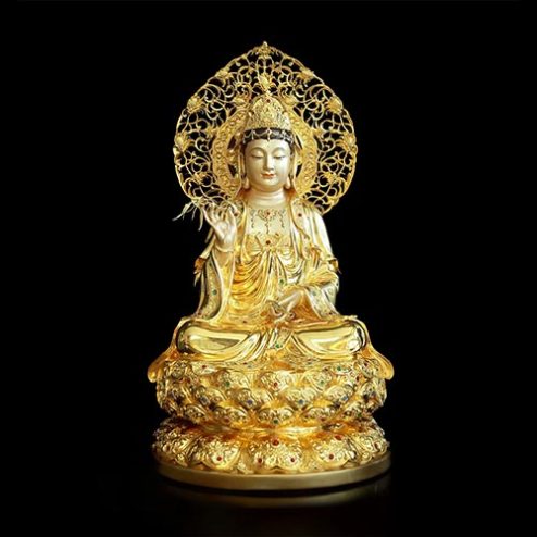 Tượng Phật Bà Quan Âm Ngồi Đài Sen Bằng Đồng Men Cổ Viền Vàng Mẫn Bảo T2569