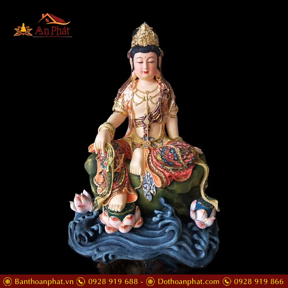 Tượng Phật Bà Quan Âm Ngồi Tự Tại Nam Hải Từ Bi Composite Vẽ Gấm Nhập Khẩu T2725