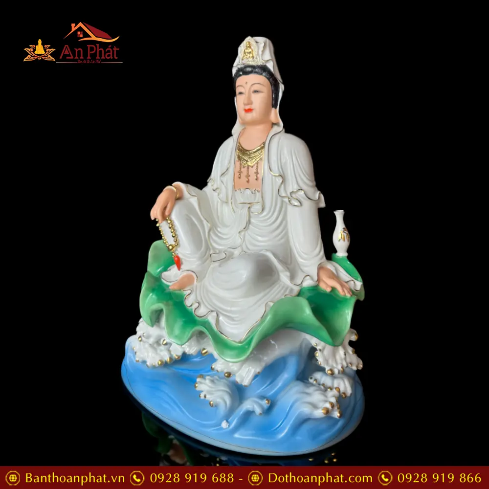 Tượng Phật Bà Quan Âm Ngồi Tự Tại Sứ Nhập Khẩu Đế Lá Sen Sóng Biển T2724