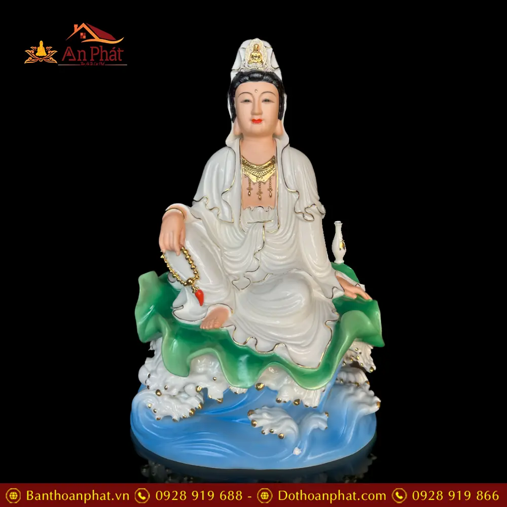 Tượng Phật Bà Quan Âm Ngồi Tự Tại Sứ Nhập Khẩu Đế Lá Sen Sóng Biển T2724