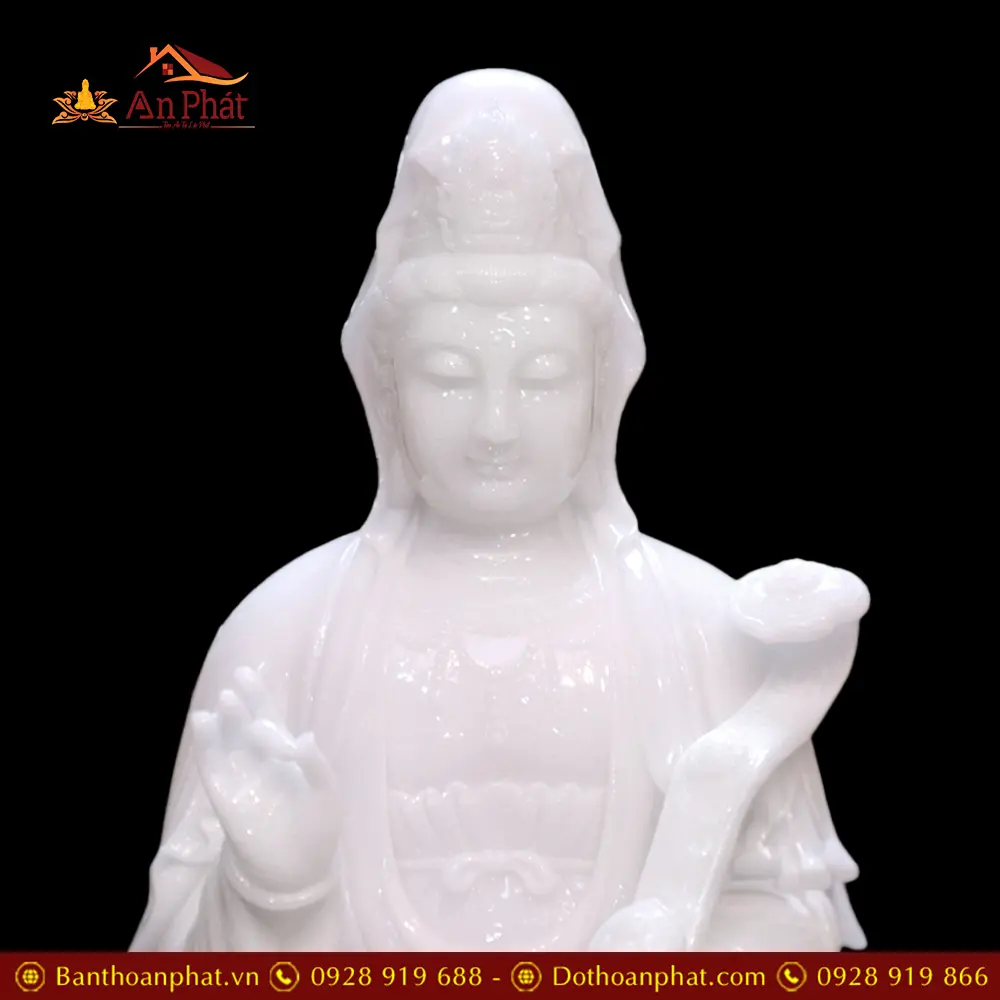 Tượng Phật Bà Quan Âm Tự Tại Đá Hán Bạch Ngọc Trắng Cao Cấp T2829
