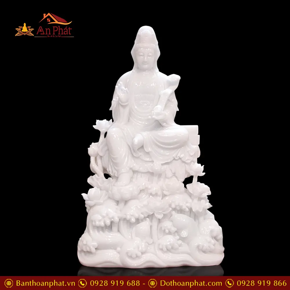 Tượng Phật Bà Quan Âm Tự Tại Đá Hán Bạch Ngọc Trắng Cao Cấp T2829