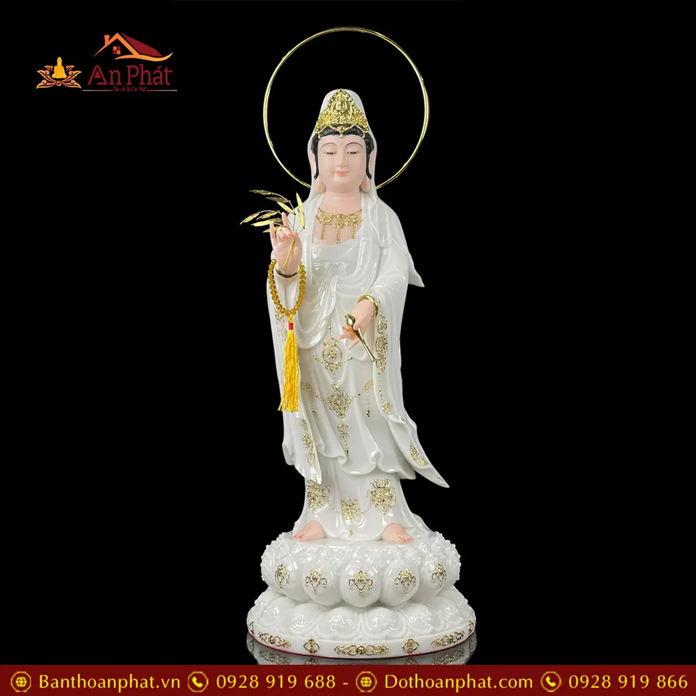 Tượng Phật Bà Quan Thế Âm Bồ Tát Trắng Viền Vàng Đứng Cao Cấp T2590 25 Tượng Phật Bà Quan Thế Âm Bồ Tát Trắng Viền Vàng Đứng Cao Cấp T2590