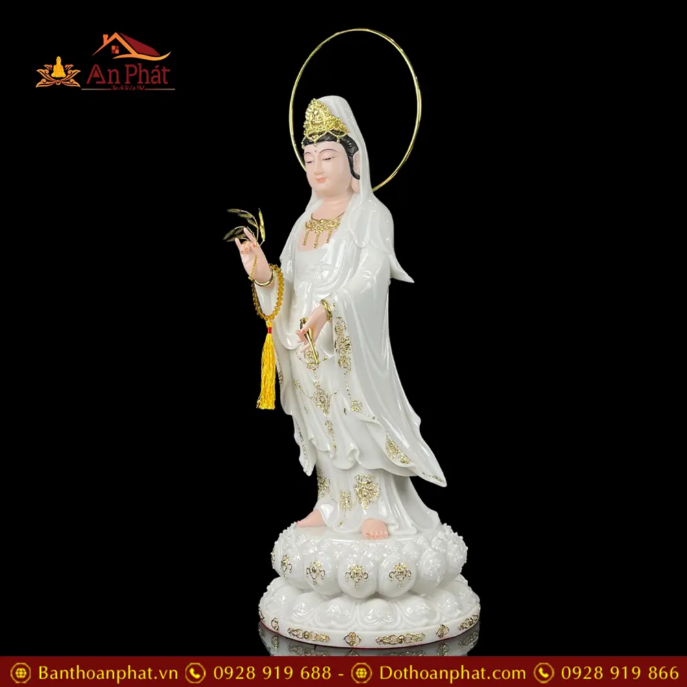 Tượng Phật Bà Quan Thế Âm Bồ Tát Trắng Viền Vàng Đứng Cao Cấp T2590 26 Tượng Phật Bà Quan Thế Âm Bồ Tát Trắng Viền Vàng Đứng Cao Cấp T2590